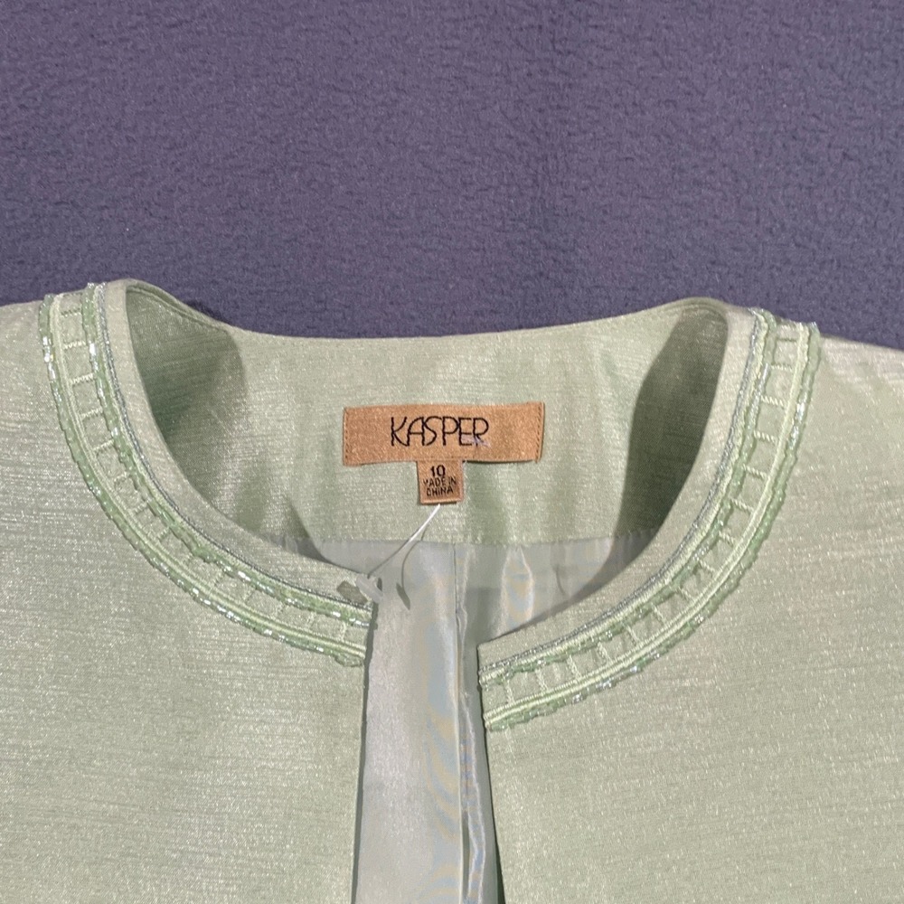 Kasper Womens 3 Piece Skirt Suit Chartreuse Green Beaded Size 10 Formal - Picture 4 of 16
